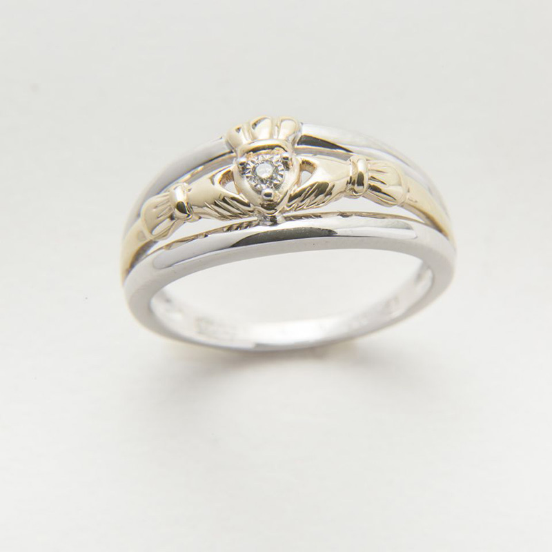 10k Gold & Silver Diamond Claddagh Engagement Ring Size 5