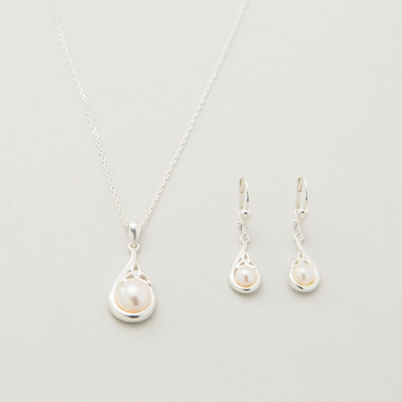 Sterling Silver Half Pearl Trinity Knot Pendant and Earrings Set
