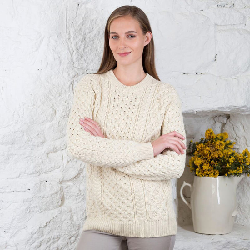 Women's Honeycomb Blasket Irish Aran Sweater Natural SMALL