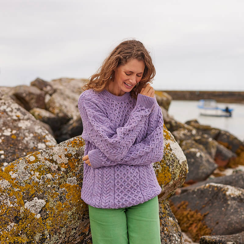 Women's Traditional Aran Sweater-Lilac-L