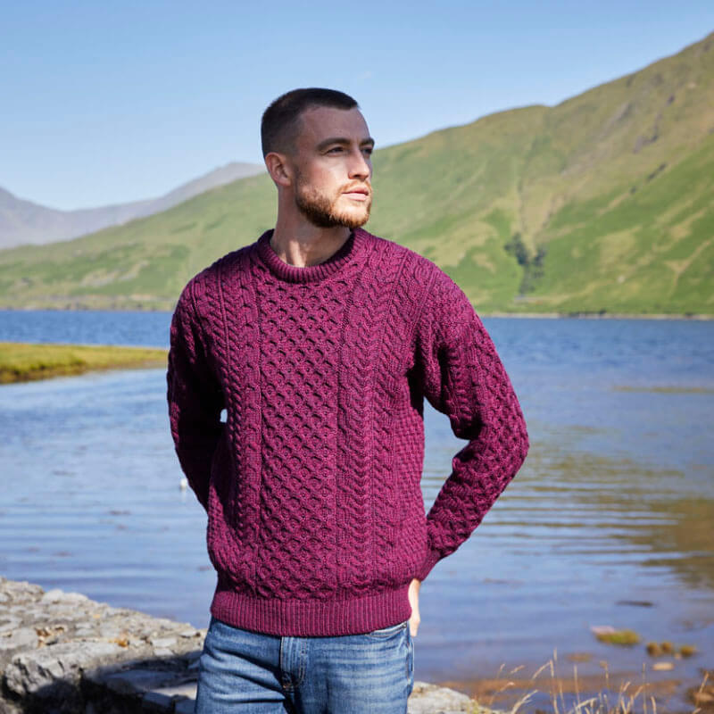 Men's Traditional Merino Wool Aran Sweater Damson XL