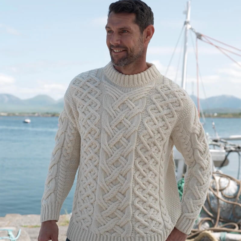 Men's Trellis Aran Sweater -Cream-XL