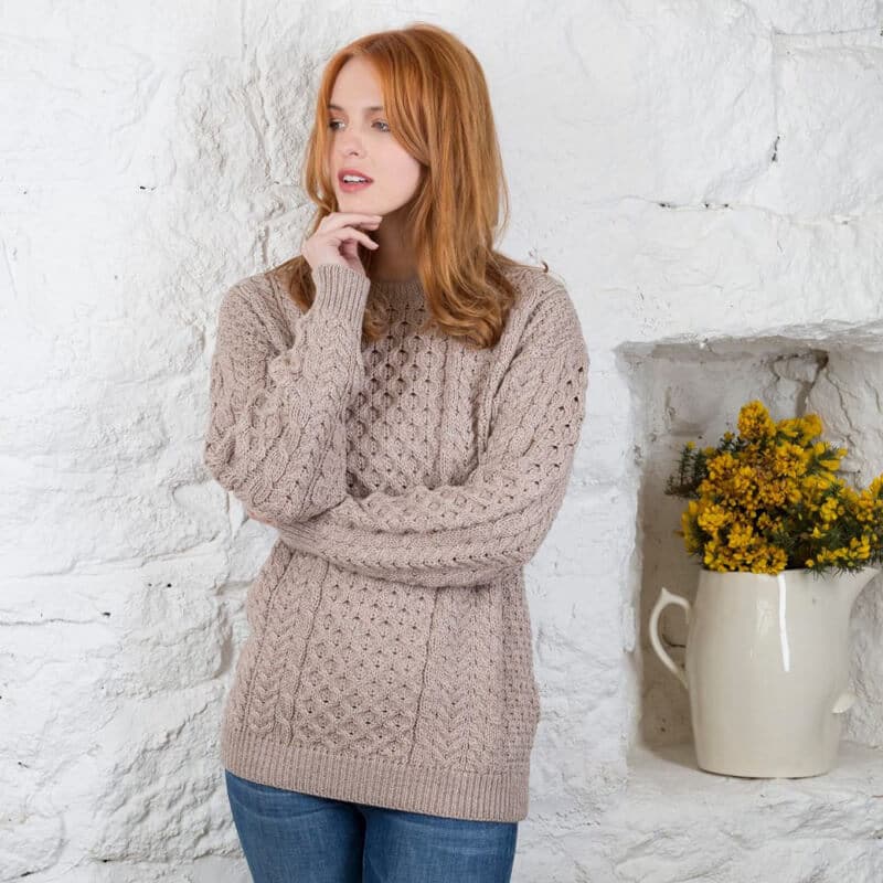 Women's Traditional Merino Wool Aran Sweater Beige Medium