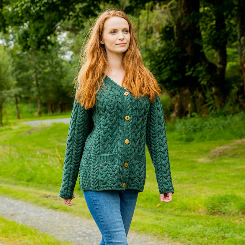 Forest Green Moher Aran Cardigan Small