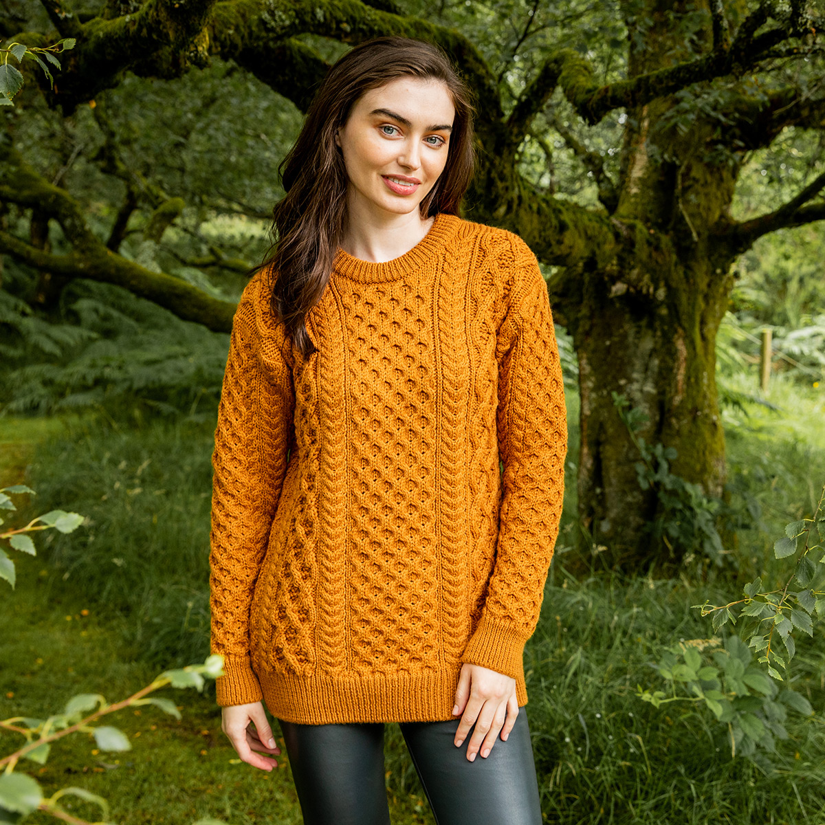 Women's Golden Ochre Blasket Honeycomb Stitch Aran Sweater Small