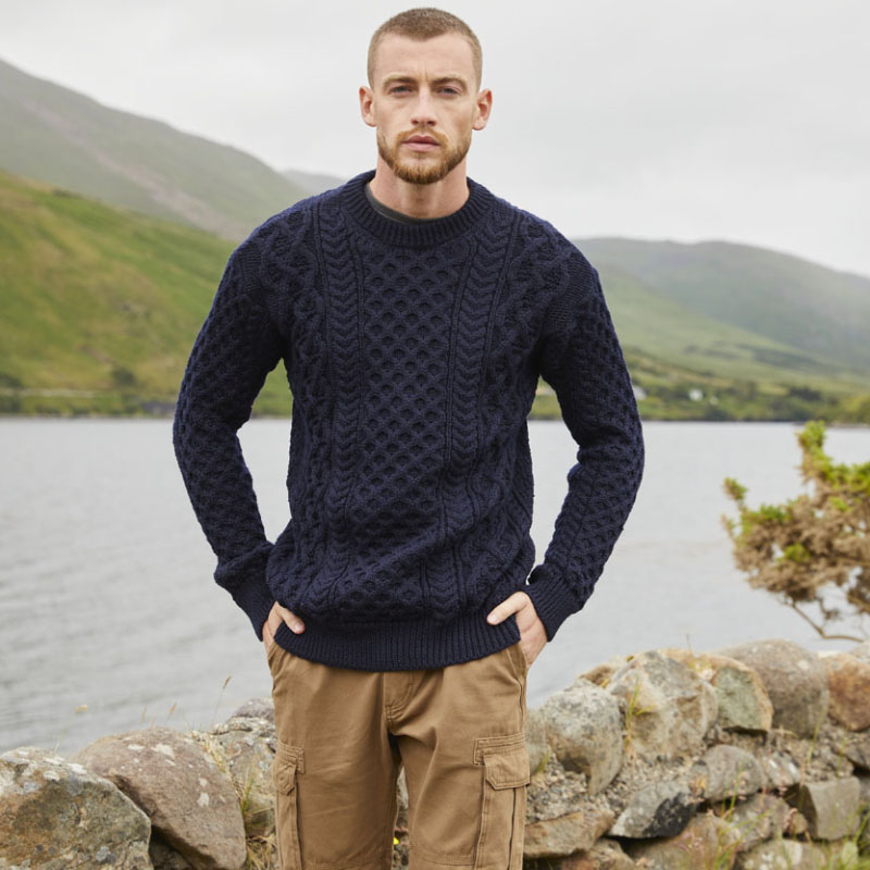 Men's Honeycomb Blasket Irish Aran Sweater Navy LARGE