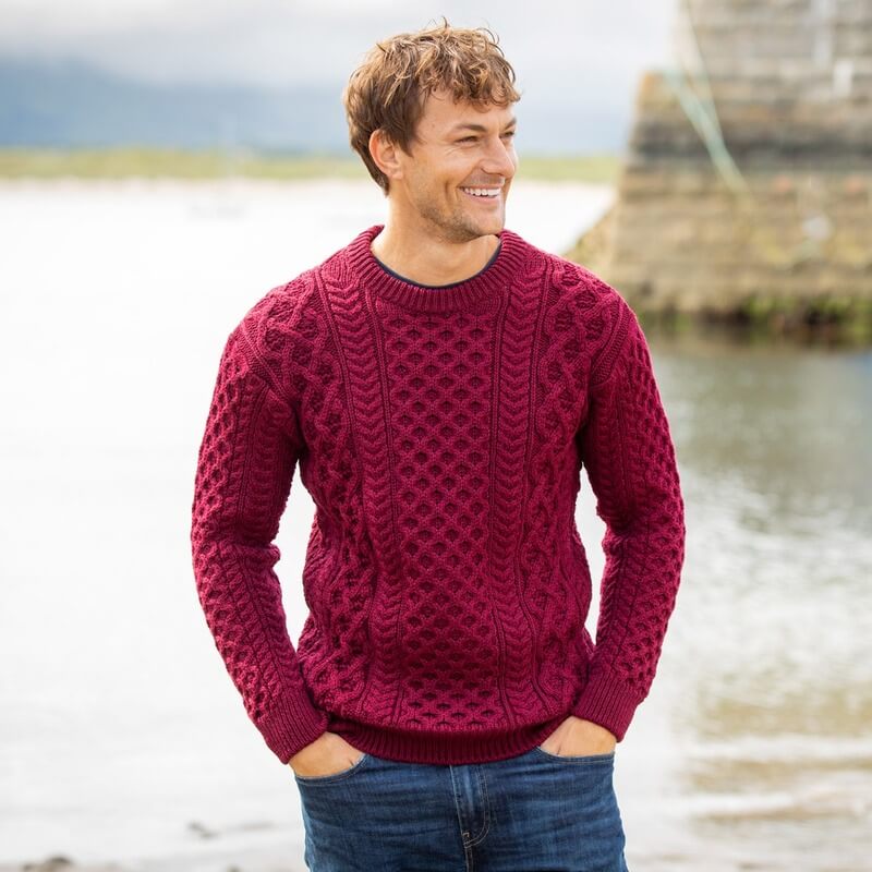 Men's Donegal Merino Wool Blasket Claret Aran Sweater Small