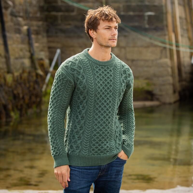 Men's Donegal Merino Wool Blasket Mountain Green Aran Sweater XXL