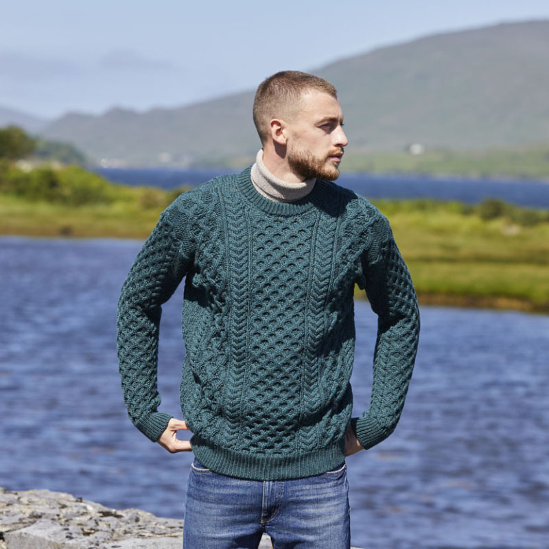 Men's Honeycomb Blasket Irish Aran Sweater Green M