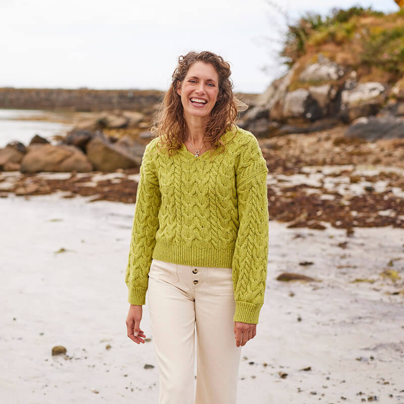 The Tara V-Neck Aran Sweater -Chartreuse-M