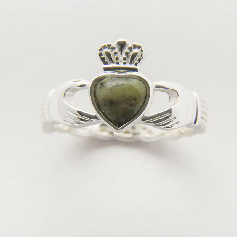 Silver Connemara Marble Claddagh Ring Size 9.5