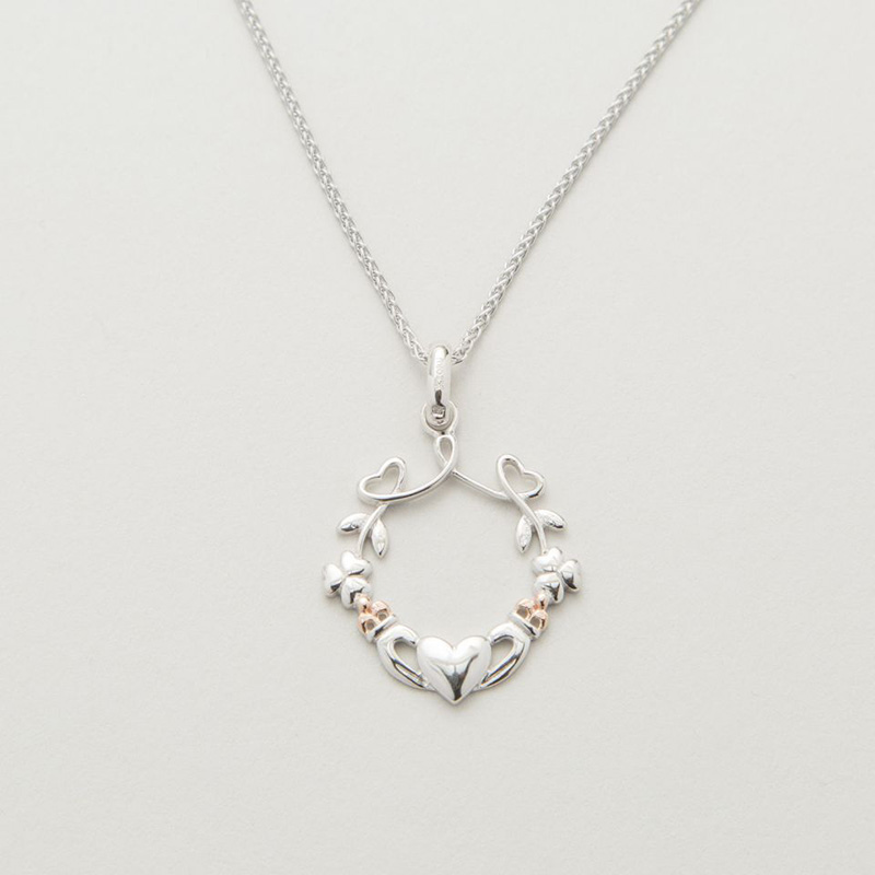 Sterling Silver Heart Shamrock & Claddagh Pendant