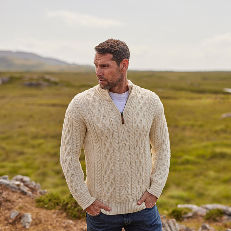 Mens Half Zip Irish Aran Sweater-Cream-XL