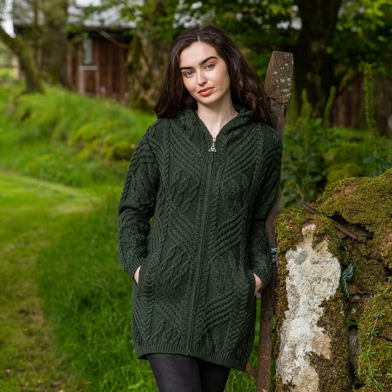 Women's Army Green Inishmore Aran Zipper Coat Small