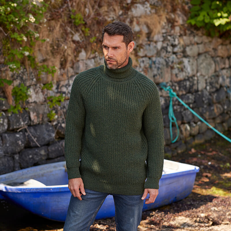 Army Green Roll Neck Fishermans Irish Sweater R761 XL