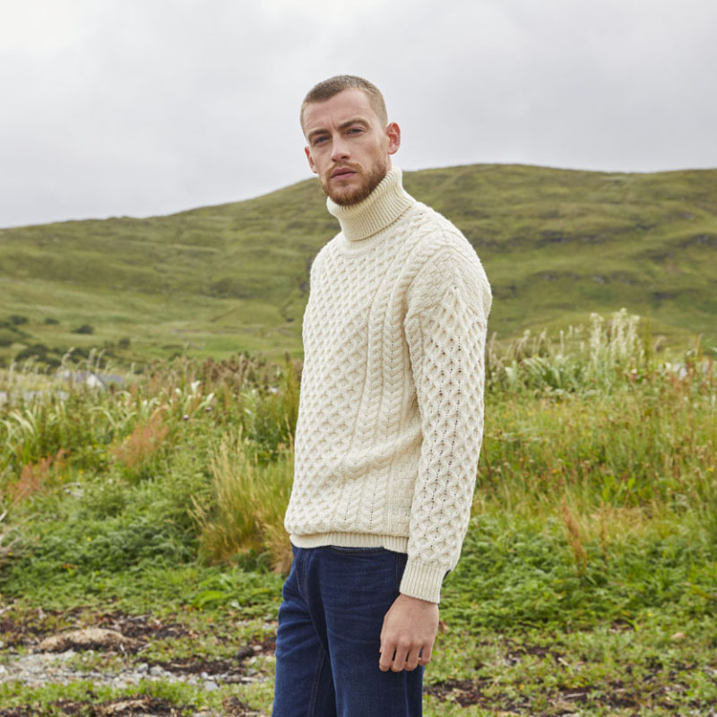Men's Irish Aran Turtleneck Sweater Cream Small
