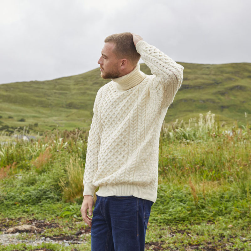 Men's Irish Aran Turtleneck Sweater Cream Large