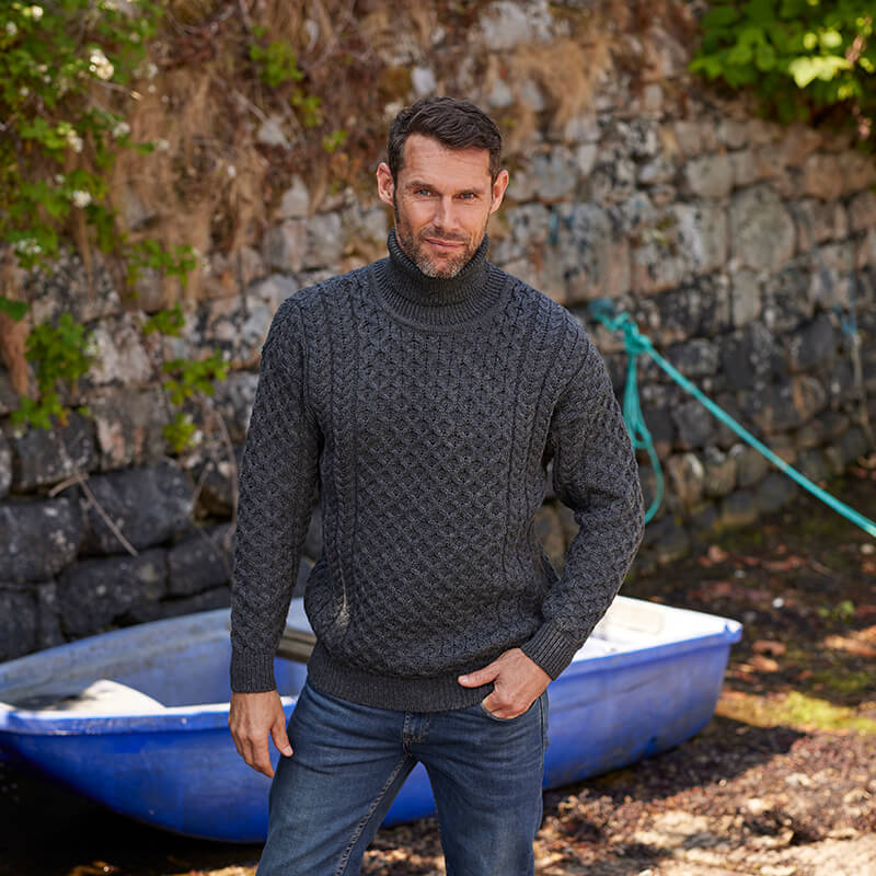 Men's Irish Aran Turtleneck Sweater Charcoal Small