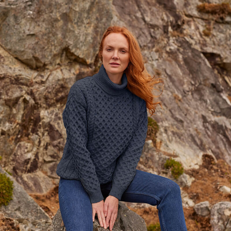 Women's Irish Aran Turtleneck Sweater Charcoal Small