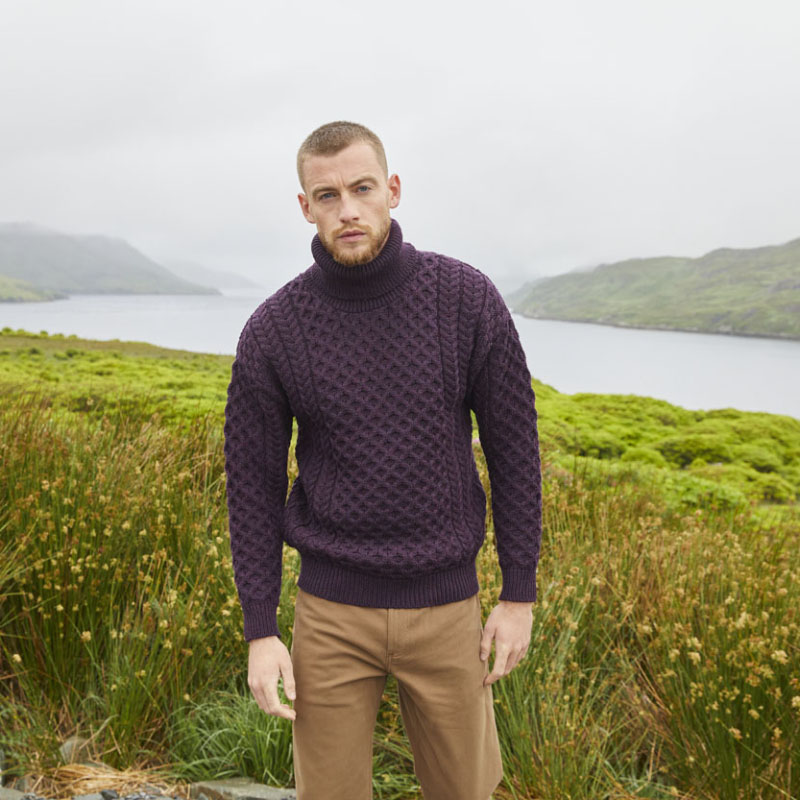 Men's Irish Aran Turtleneck Sweater Damson S
