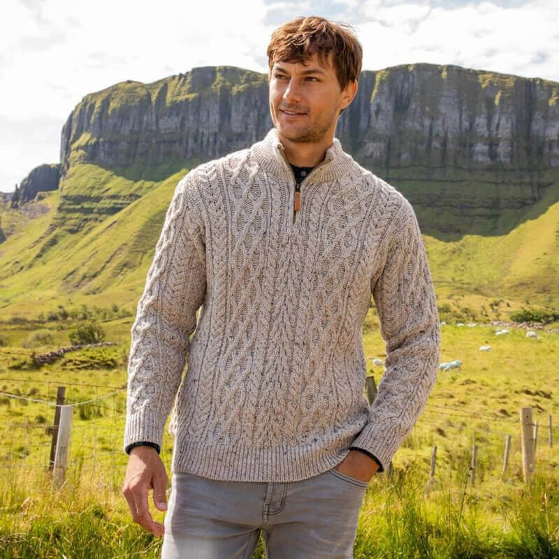 Mens Half Zip Irish Aran Sweater Beige XL