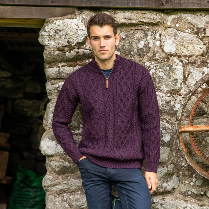 Mens Half Zip Damson Irish Aran Sweater Large