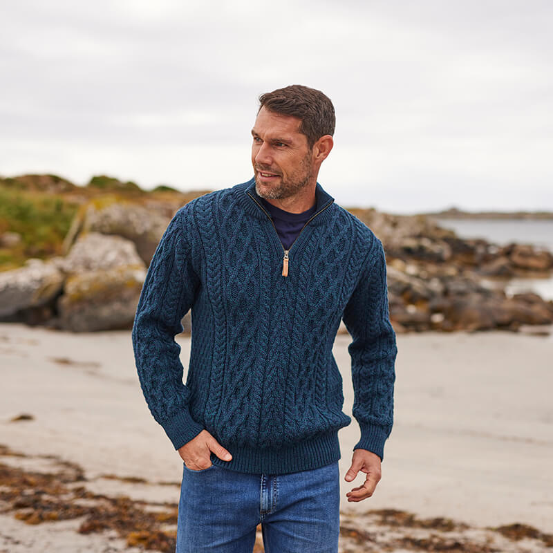 Mens Half Zip Irish Aran Sweater Navy Large