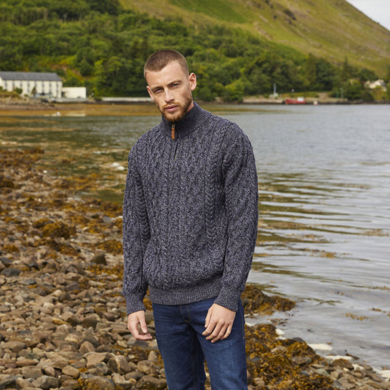 Mens Half Zip Irish Aran Cormorant Sweater XL
