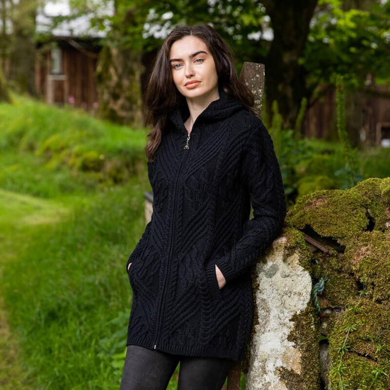 Women's Black Inishmore Aran Zipper Coat Large